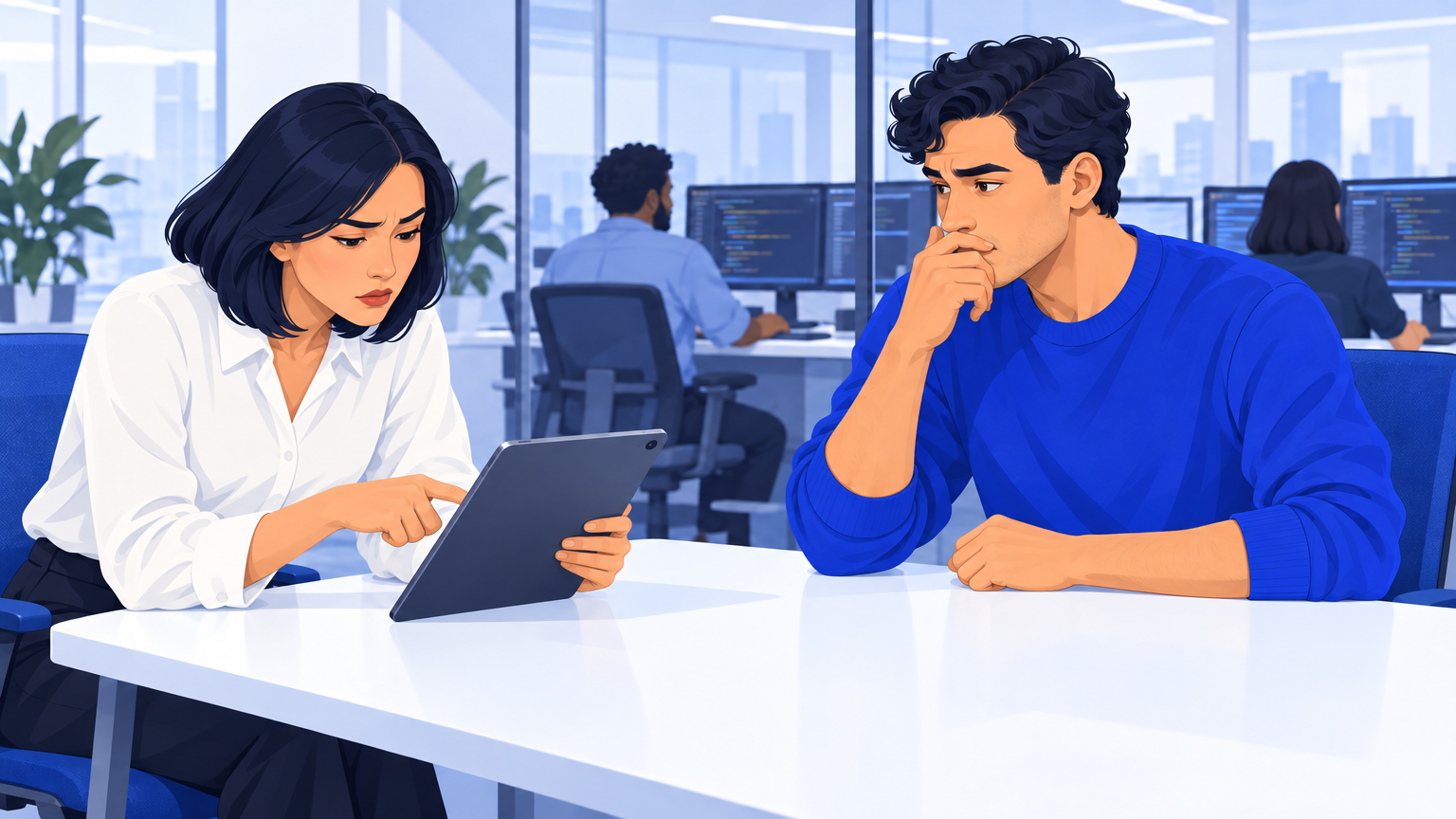 A client points toward a tablet held at a table while a man listens thoughtfully in a shared office.